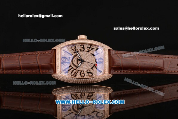Franck Muller Casablanca Swiss ETA 2836 Automatic Rose Gold Case with Black Numeral Markers Diamond Dial and Brown Leather Strap - Click Image to Close
